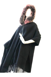 Black Cashmere Scarf with Fox Hood