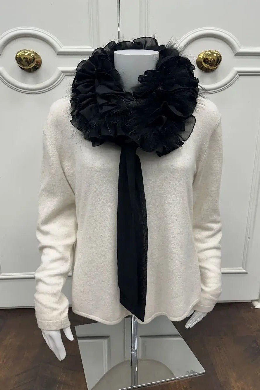 Black Ruffled Raccoon Bow Scarf