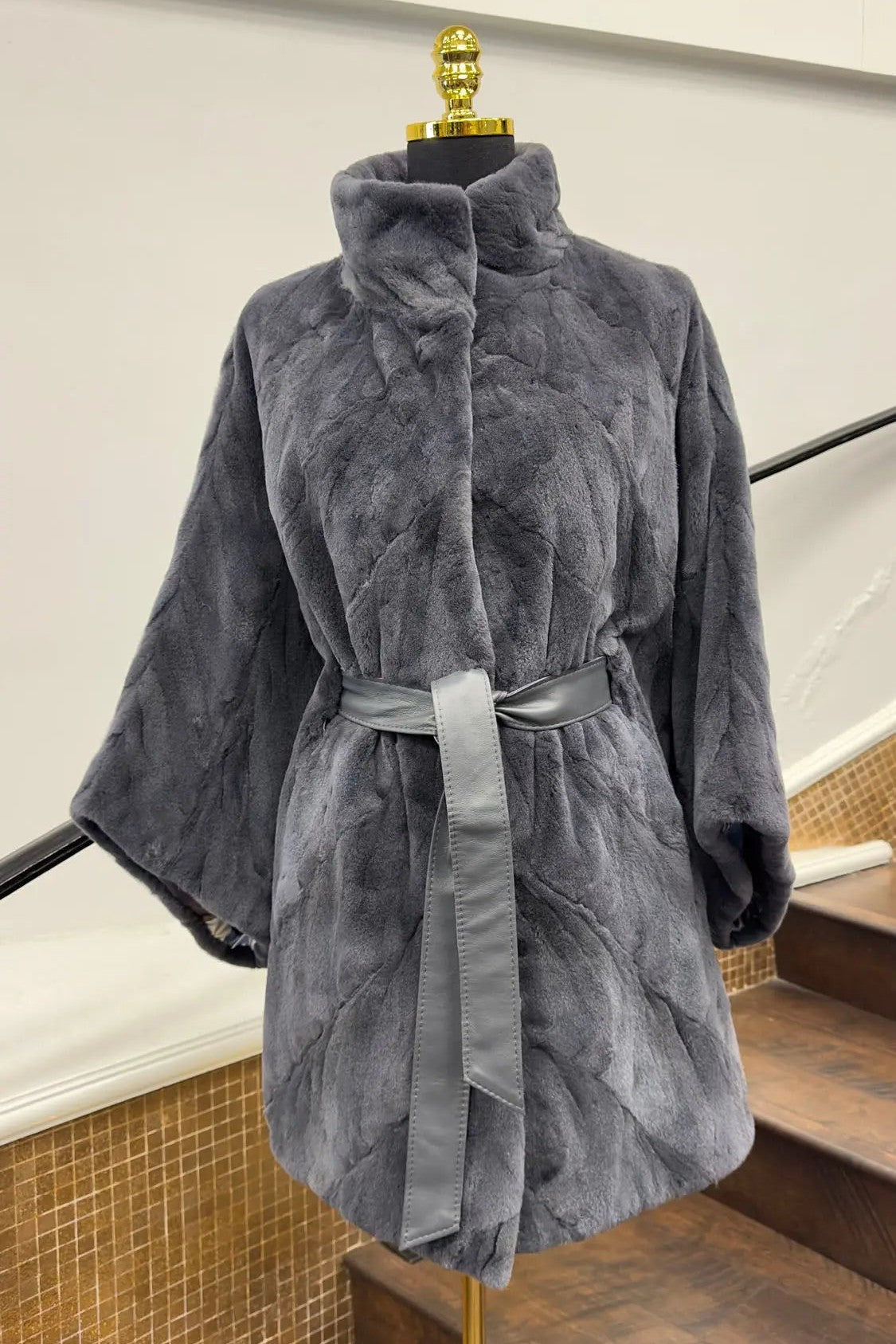 Graphite Sheared Mink Jacket with Leather Belt