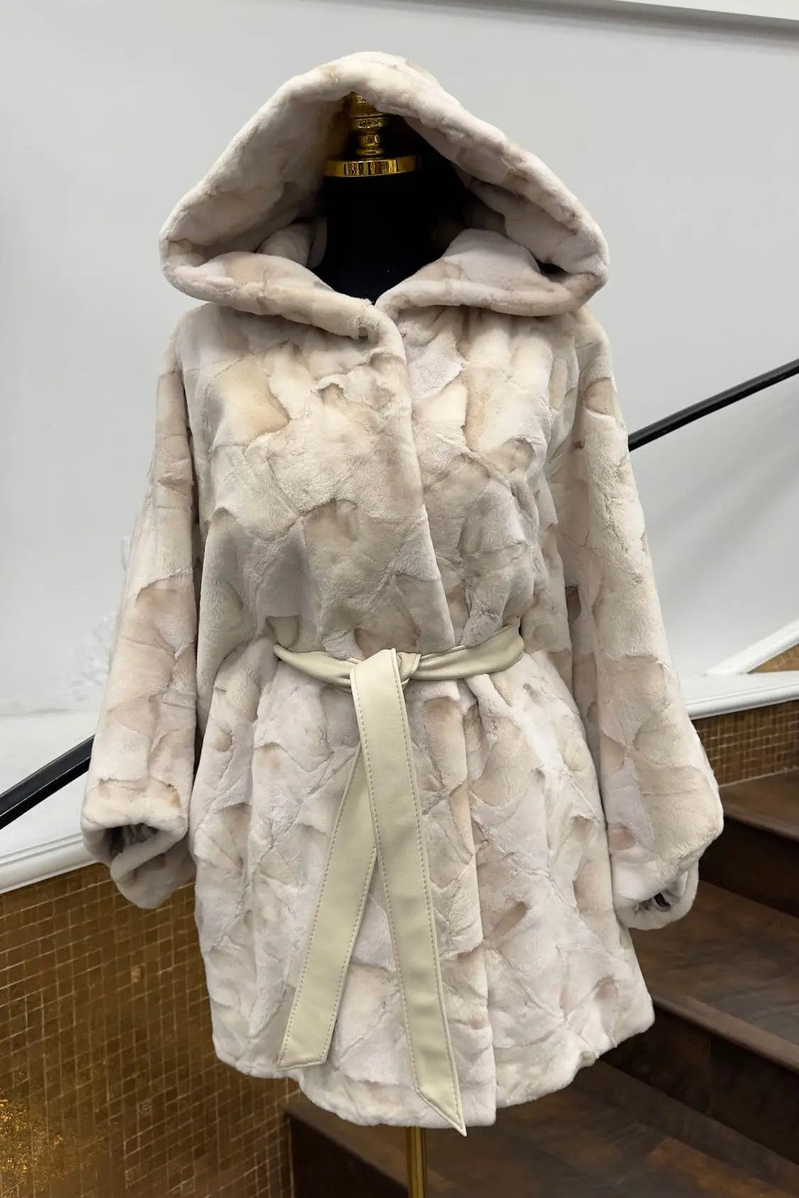 Silver Sheared Mink Oval Pieces Jacket with Hood