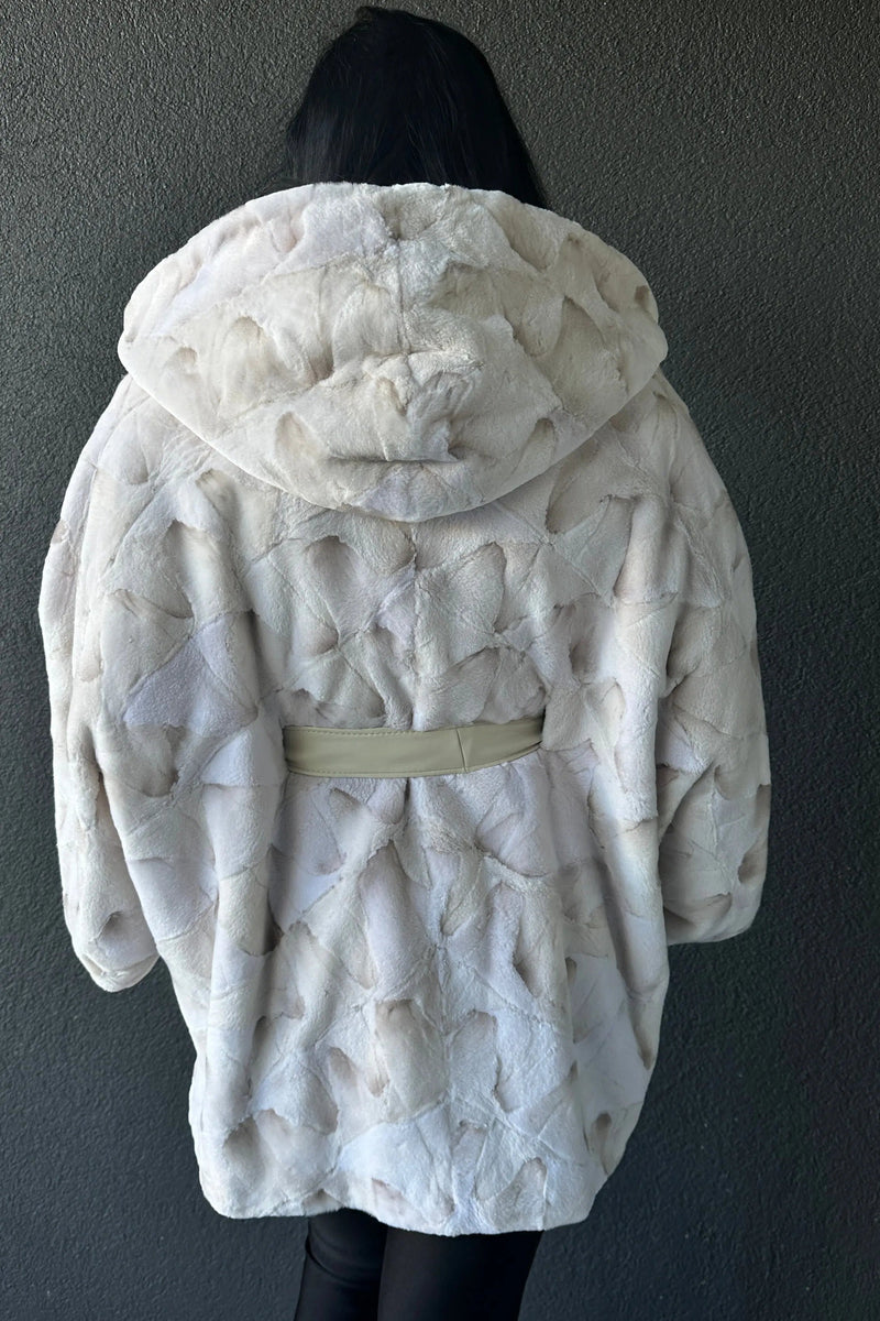 Silver Sheared Mink Oval Pieces Jacket with Hood