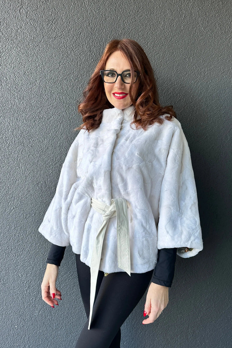 White Sheared Mink Oval Pieces Jacket Cape