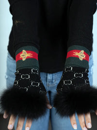 LaBelle New Collections Black Knitted Fingerless Gloves w/ Fox