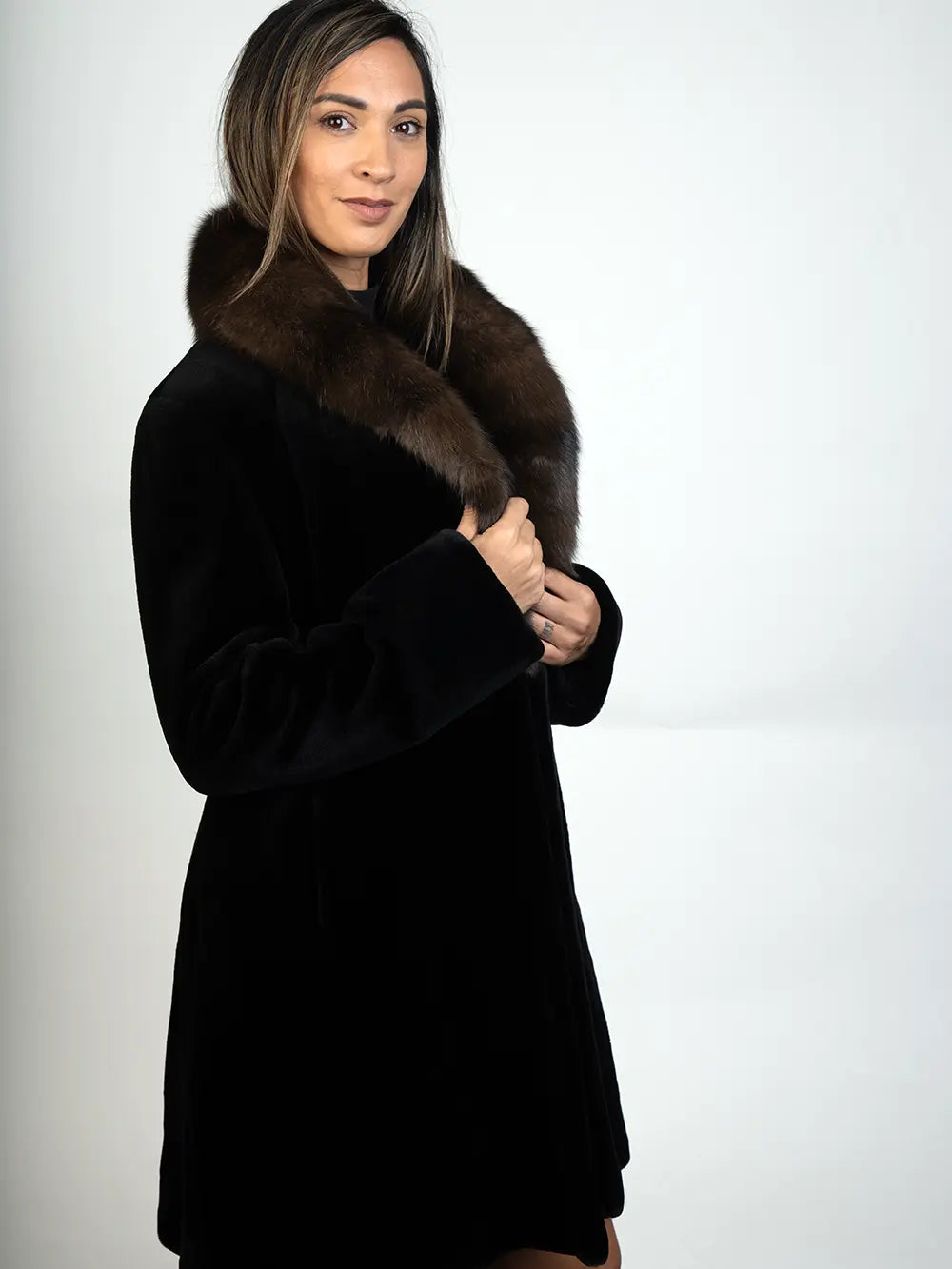LaBelle Since 1919 Black Sheared Mink Fit-N-Flare Stroller W/Fox Collar