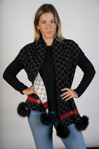 Black Woven Scarf W/Fox Pom