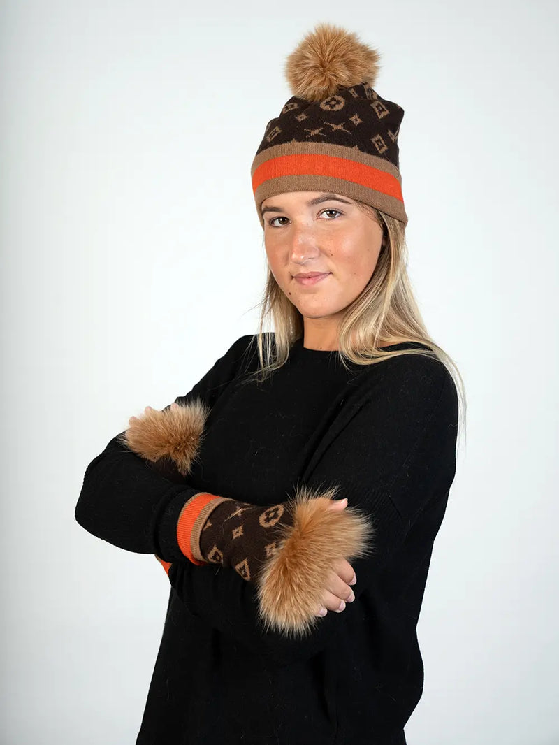 LaBelle New Collections Knitted Monogram Hat W/Fox Pom