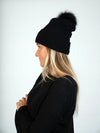 Dino Gaspari Black 100%  Cashmere Hat w/ Fox PomPom