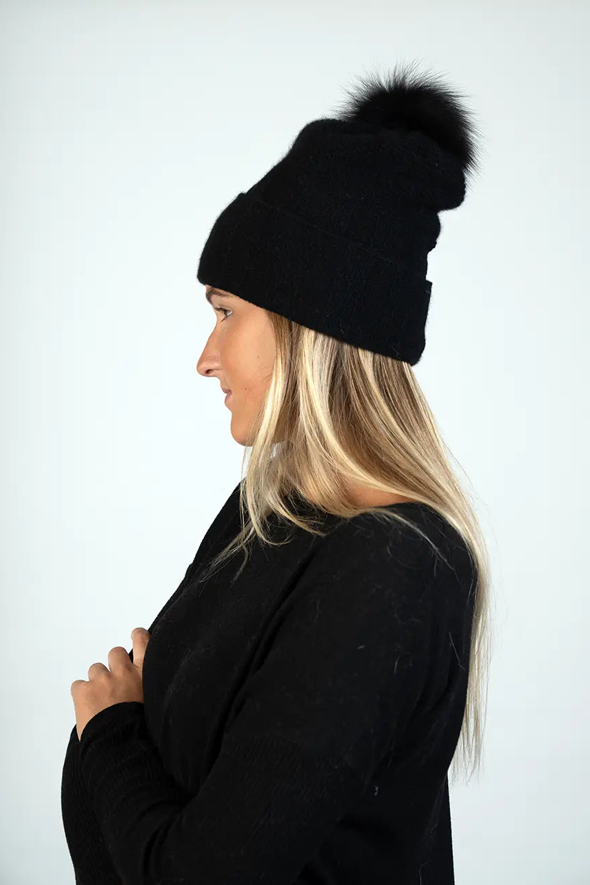 Black 100% Cashmere Hat w/ Fox PomPom