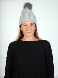 Dino Gaspari Soft Grey 100% Cashmere Hat w/ Fox PomPom