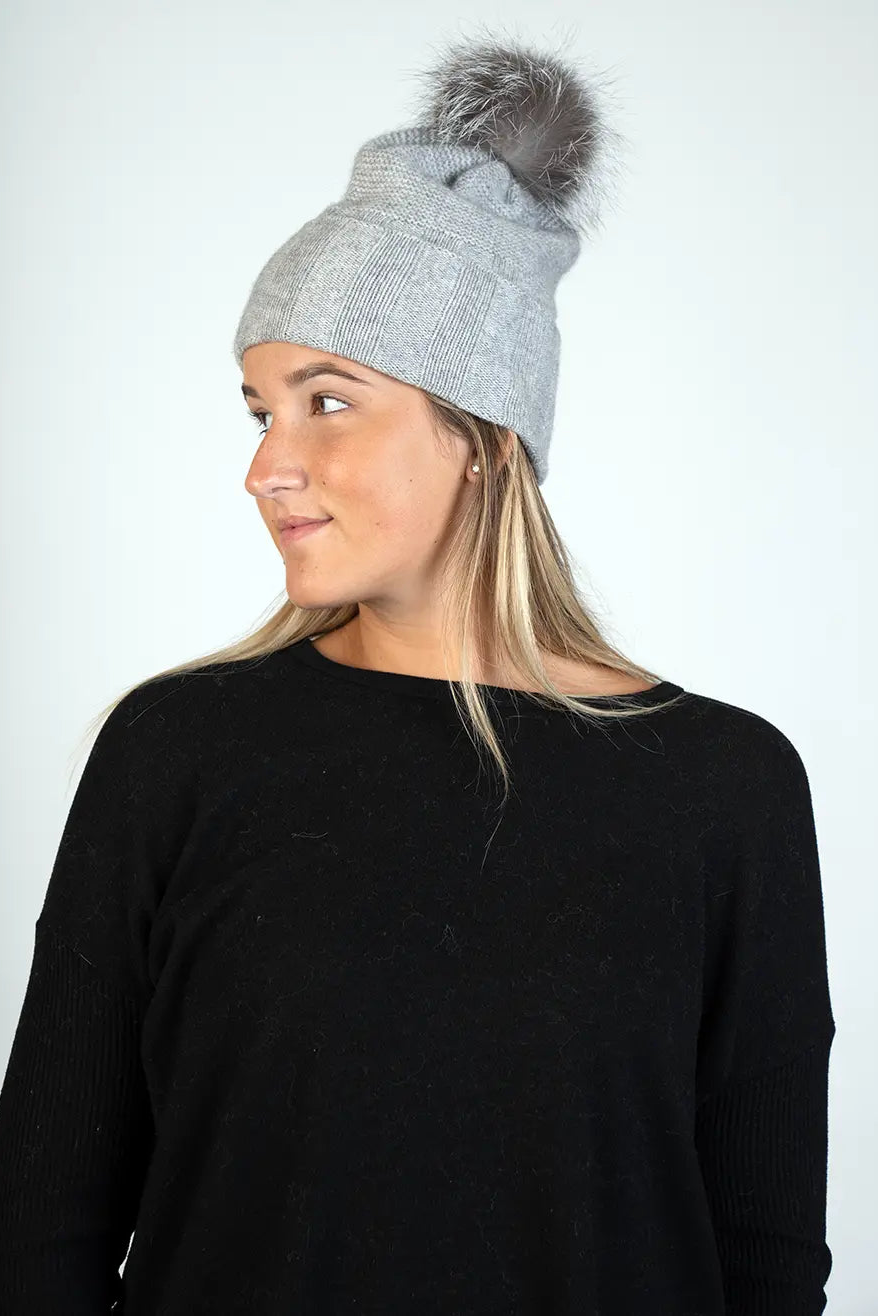 Soft Grey 100% Cashmere Hat w/ Fox PomPom