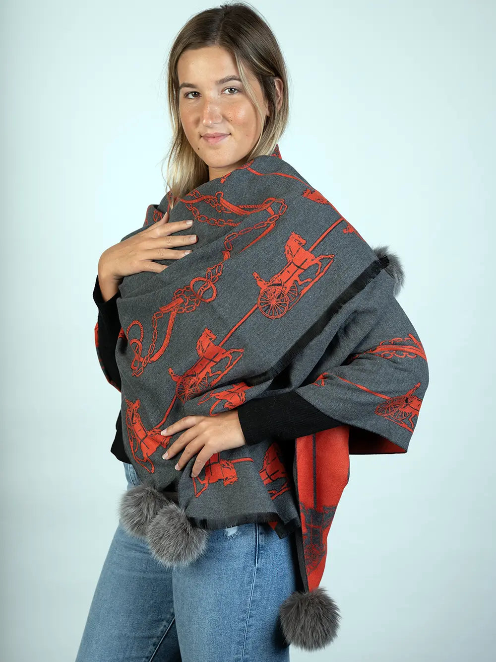LaBelle New Collections Equestrian Scarf W/Fox Poms