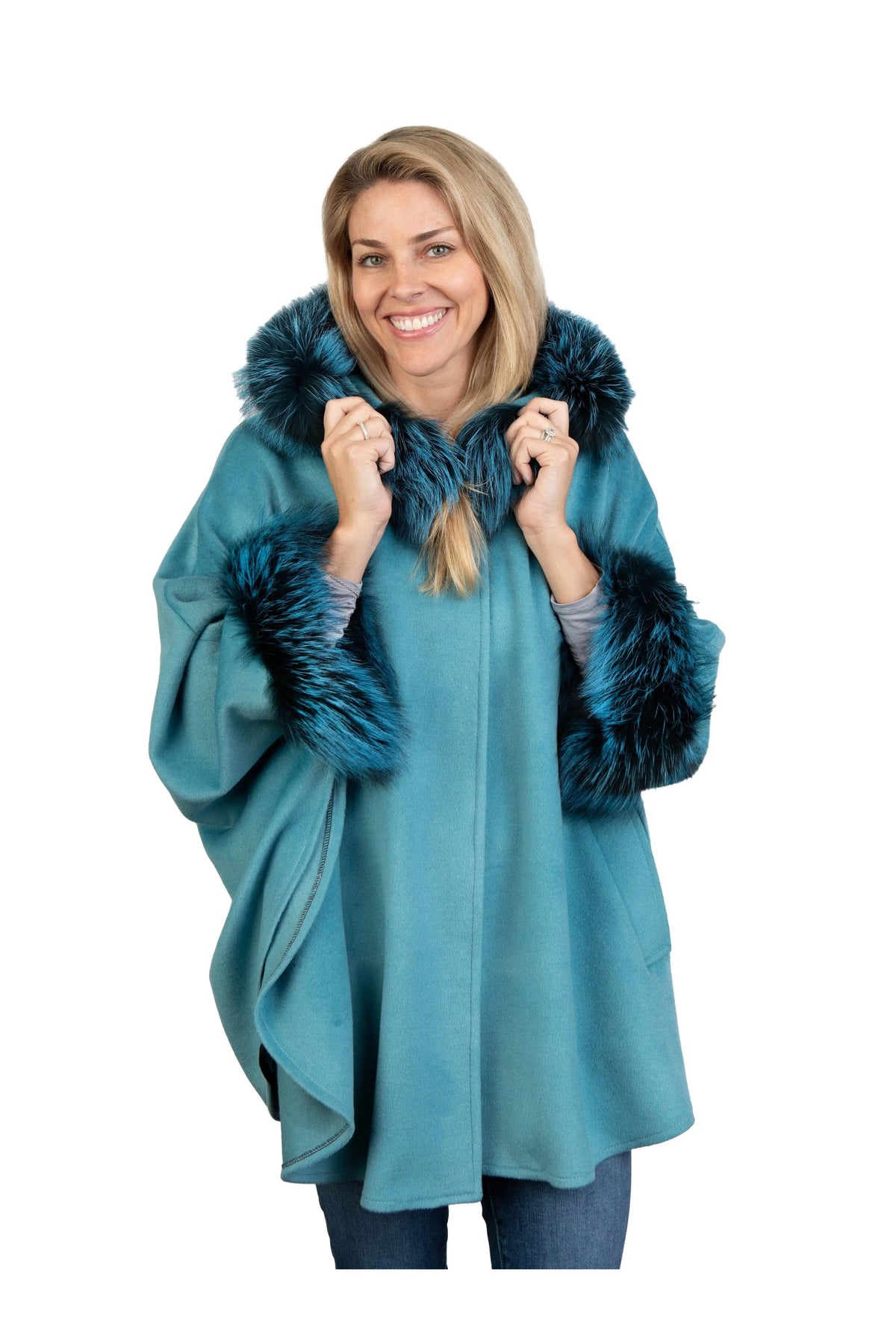 Aqua Wool & Cashmere Cape w/ Fox Trim