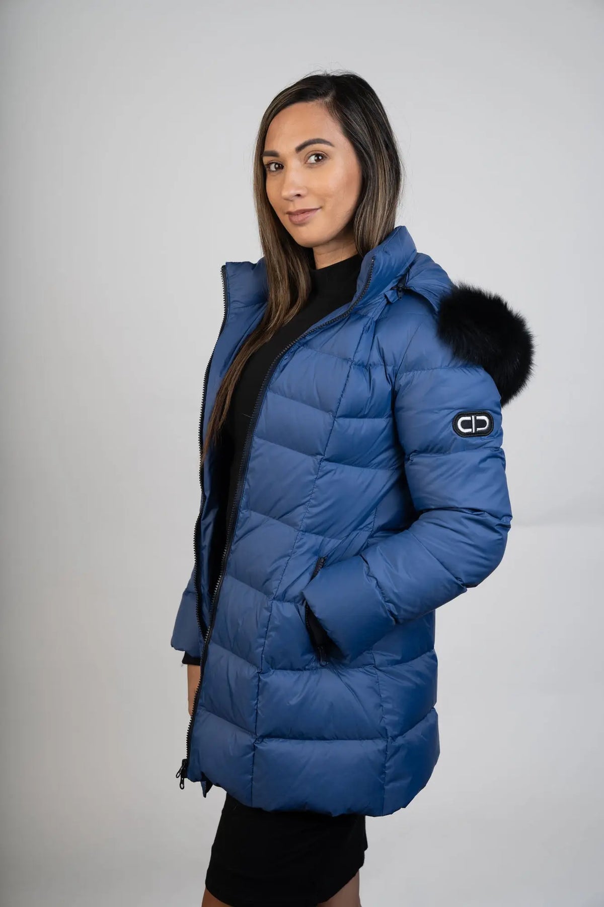 LaBelle Since 1919 Blue 90/10 Down Jacket W/Fox Trim Hoodie