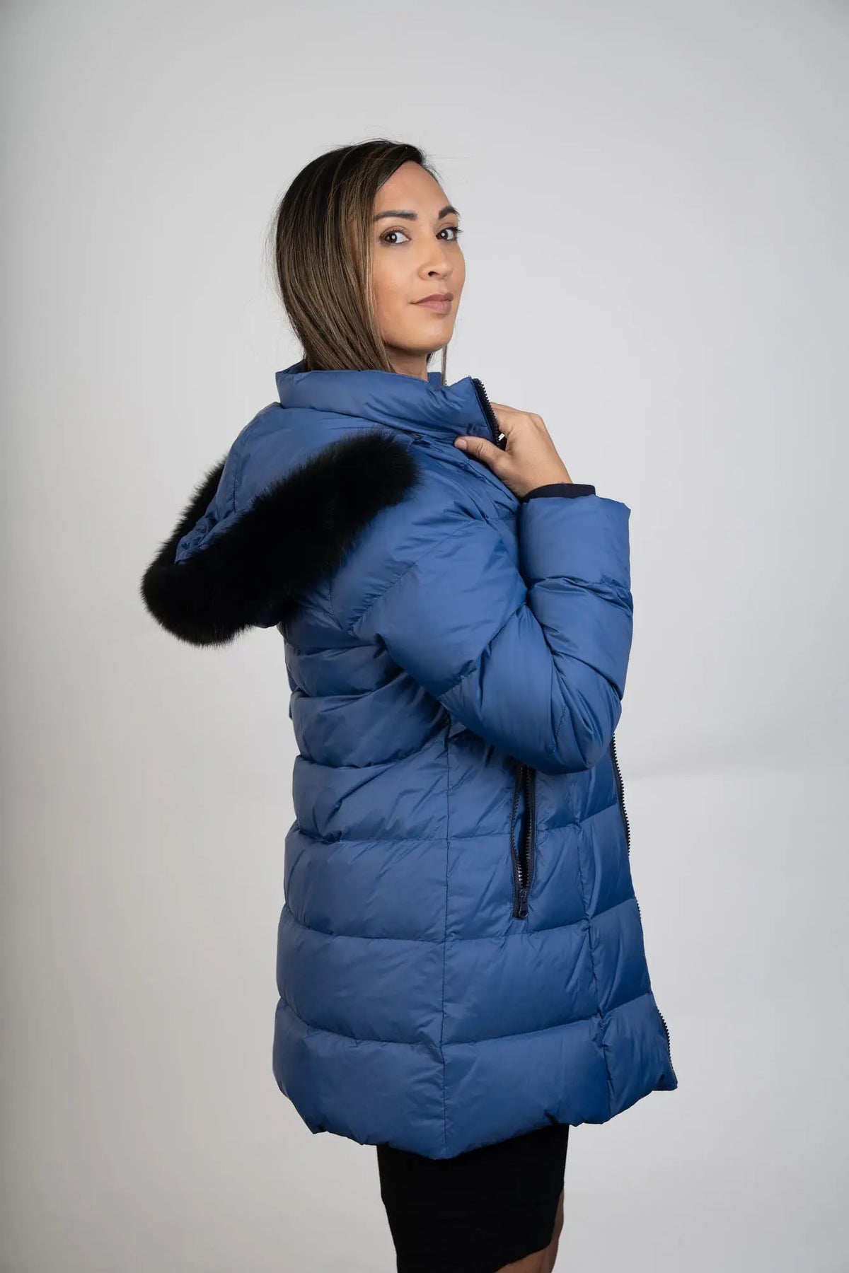 Blue 90/10 Down Jacket W/Fox Trim Hoodie