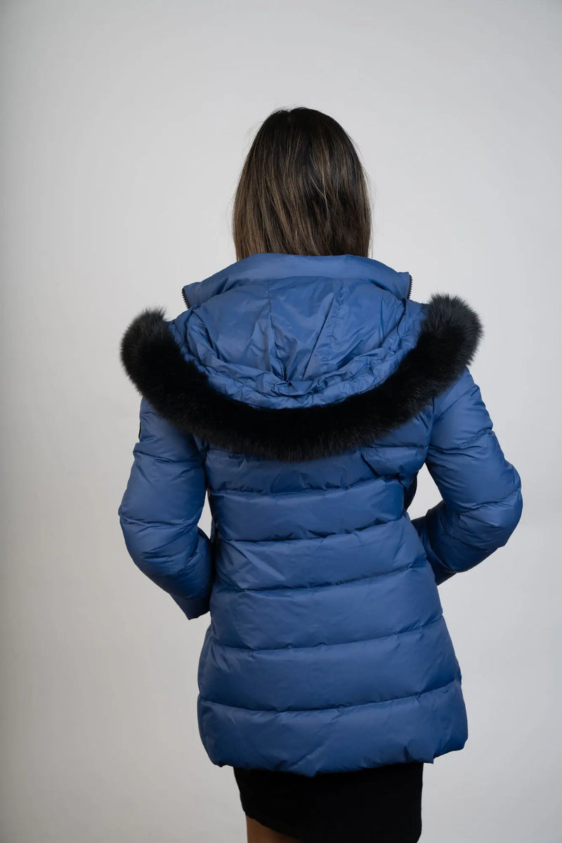 Blue 90/10 Down Jacket W/Fox Trim Hoodie