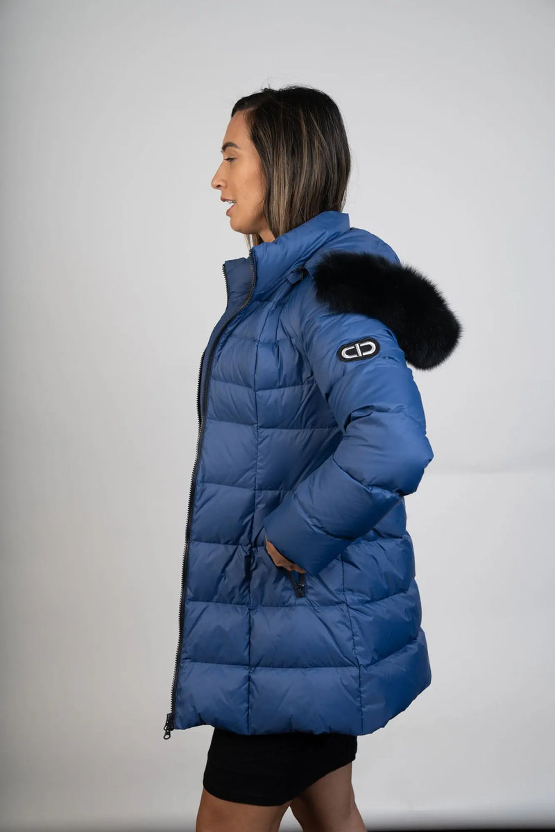 Blue 90/10 Down Jacket W/Fox Trim Hoodie