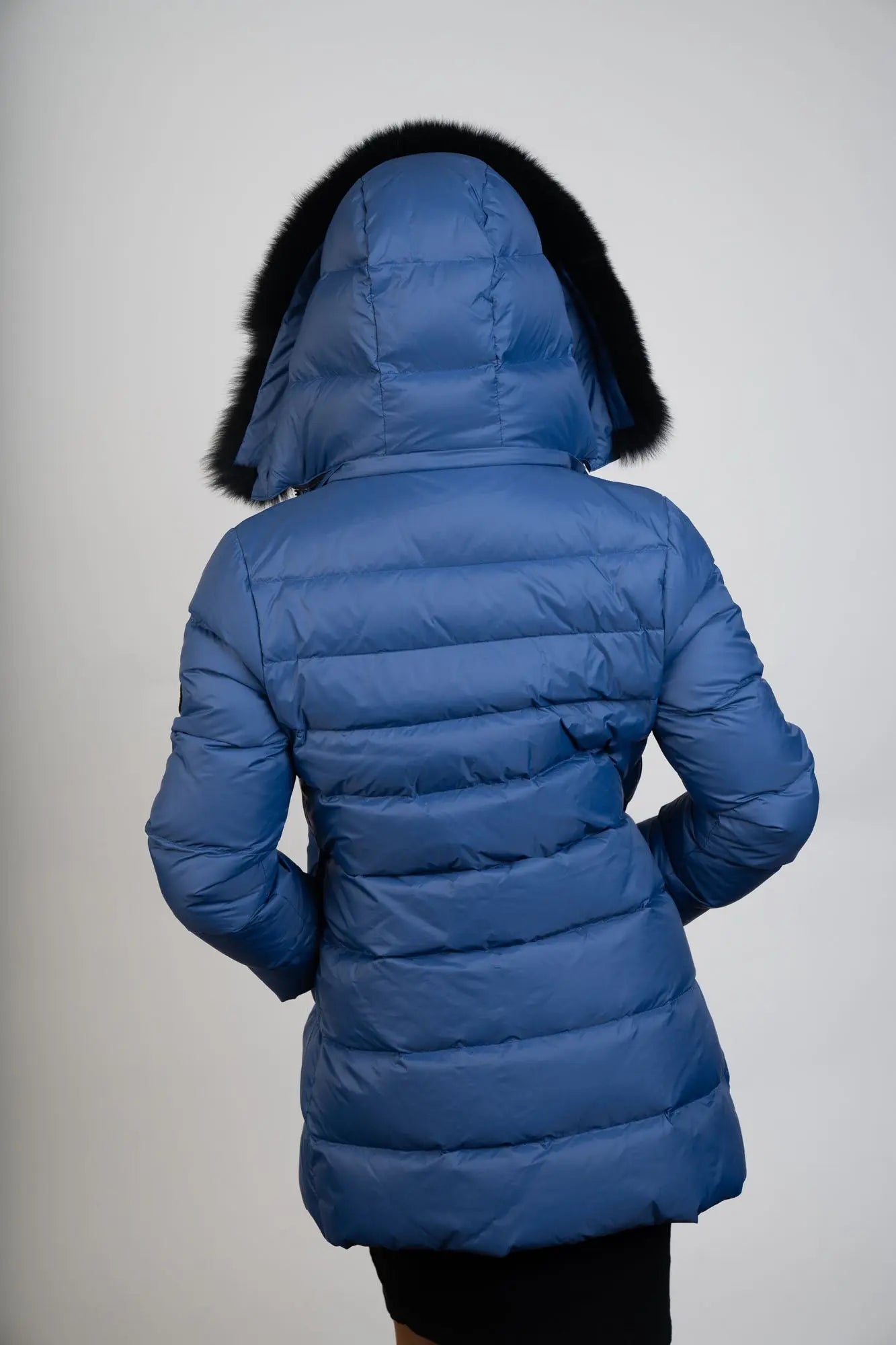 Blue 90/10 Down Jacket W/Fox Trim Hoodie