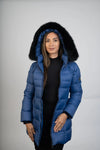 Blue 90/10 Down Jacket W/Fox Trim Hoodie