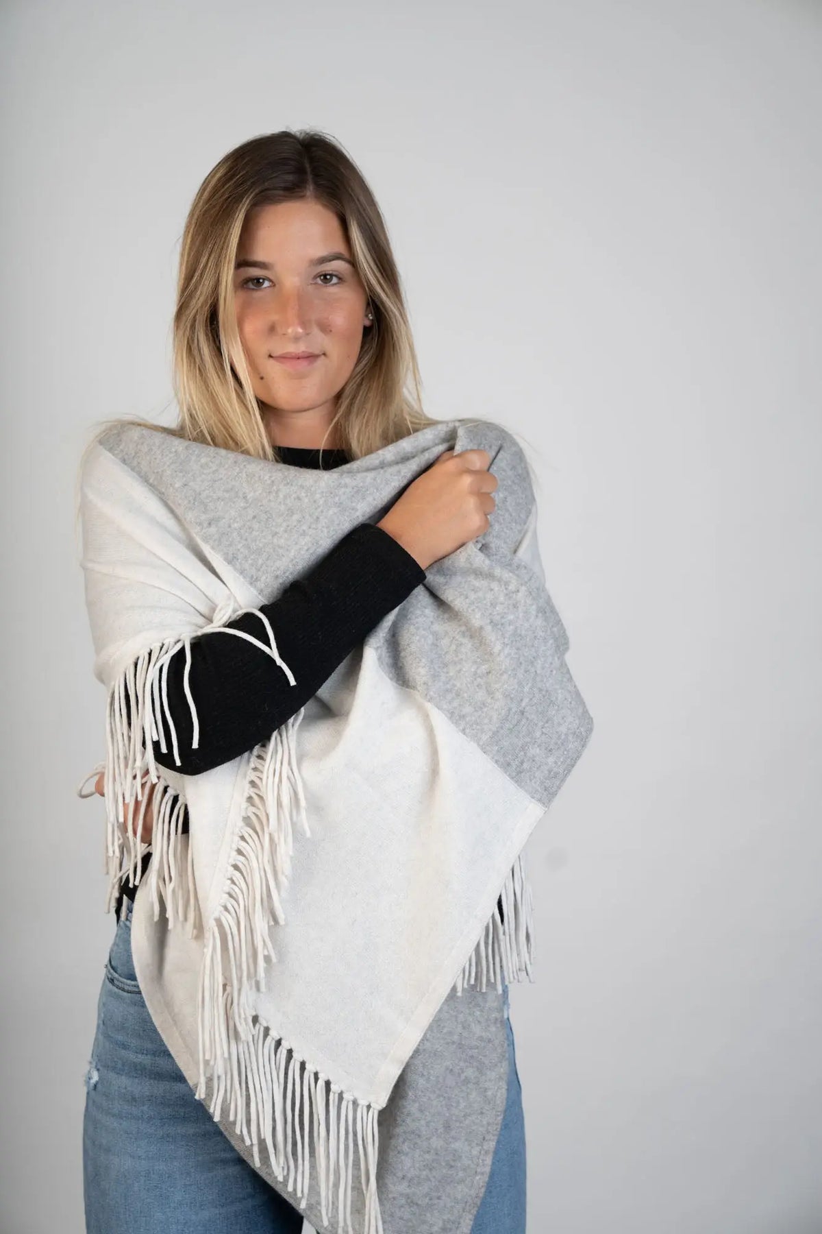 Light Grey and Ivory Cashmere Shawl w/ Fringe