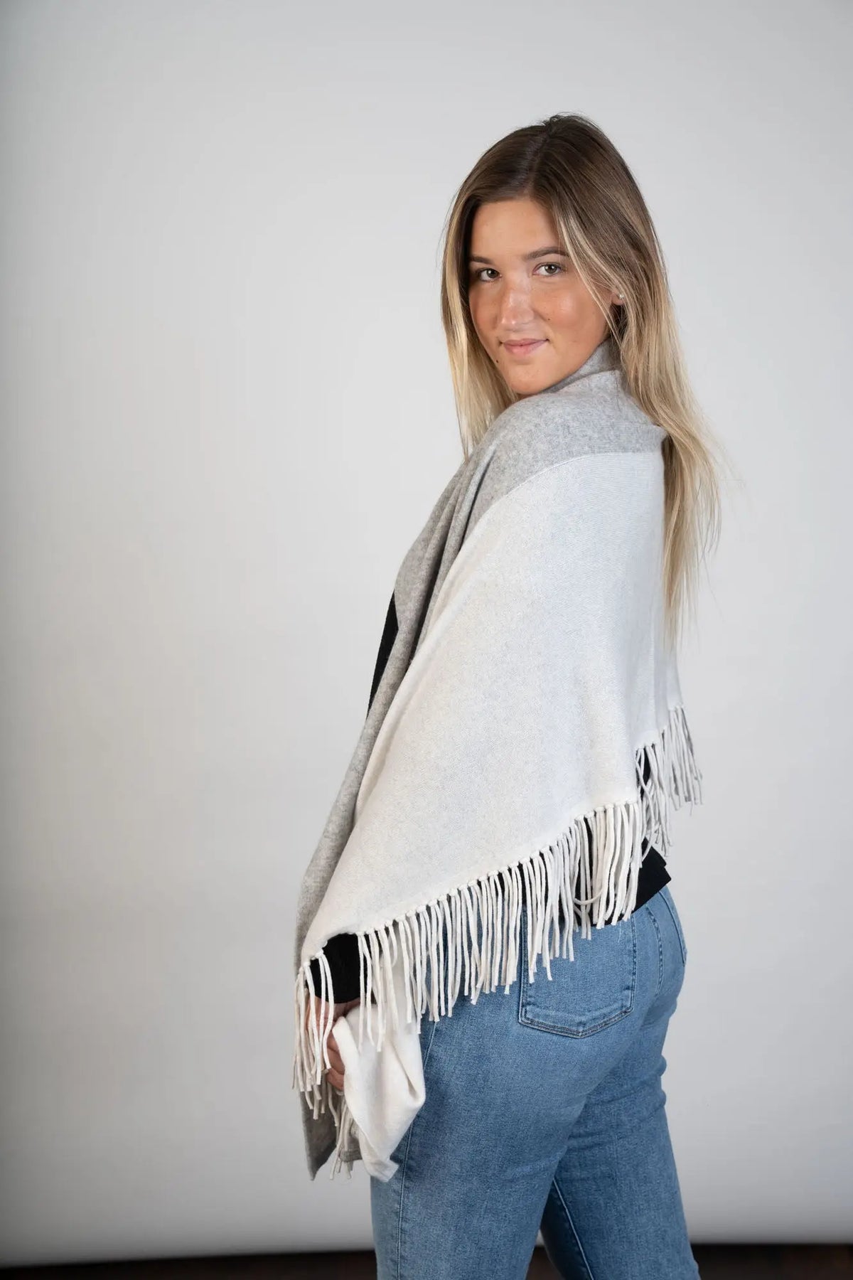 Light Grey and Ivory Cashmere Shawl w/ Fringe