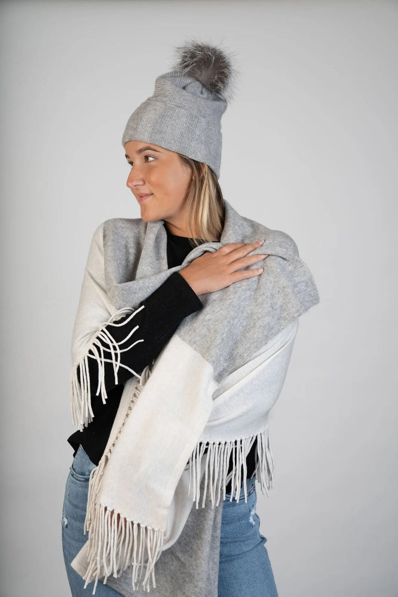 Light Grey and Ivory Cashmere Shawl w/ Fringe