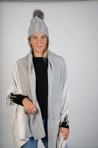 Light Grey and Ivory Cashmere Shawl w/ Fringe