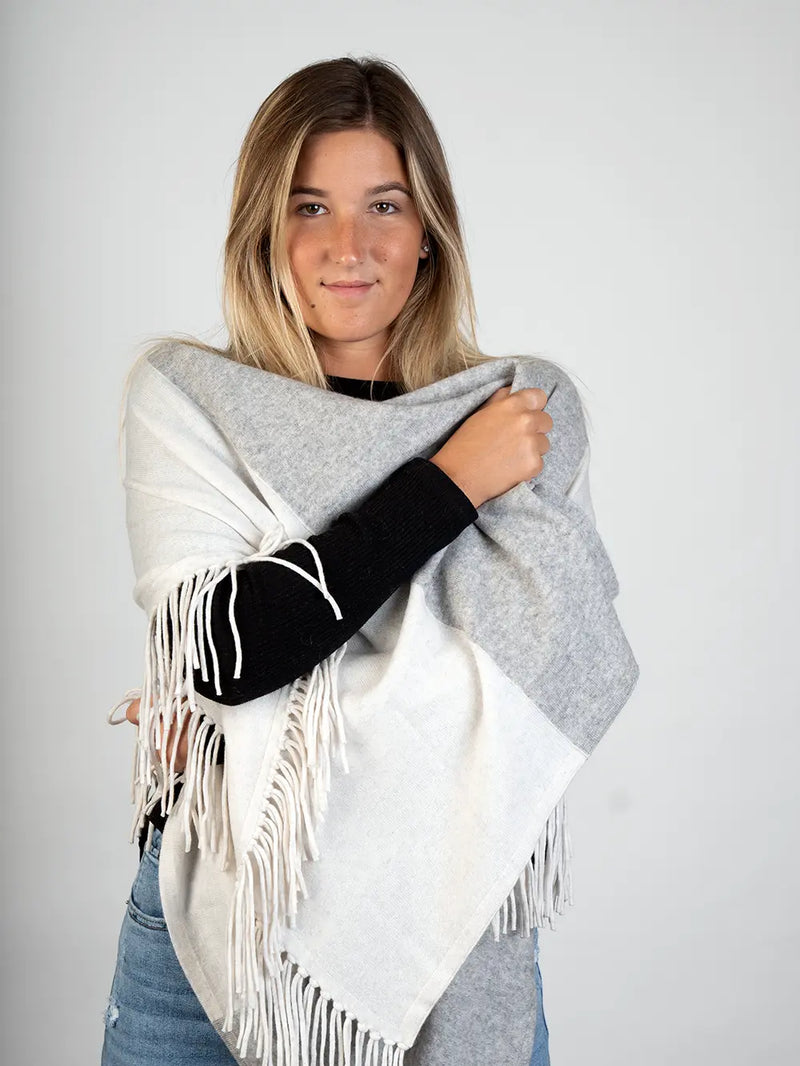 Light Grey and Ivory Cashmere Shawl w Fringe LaBelle Since 1919