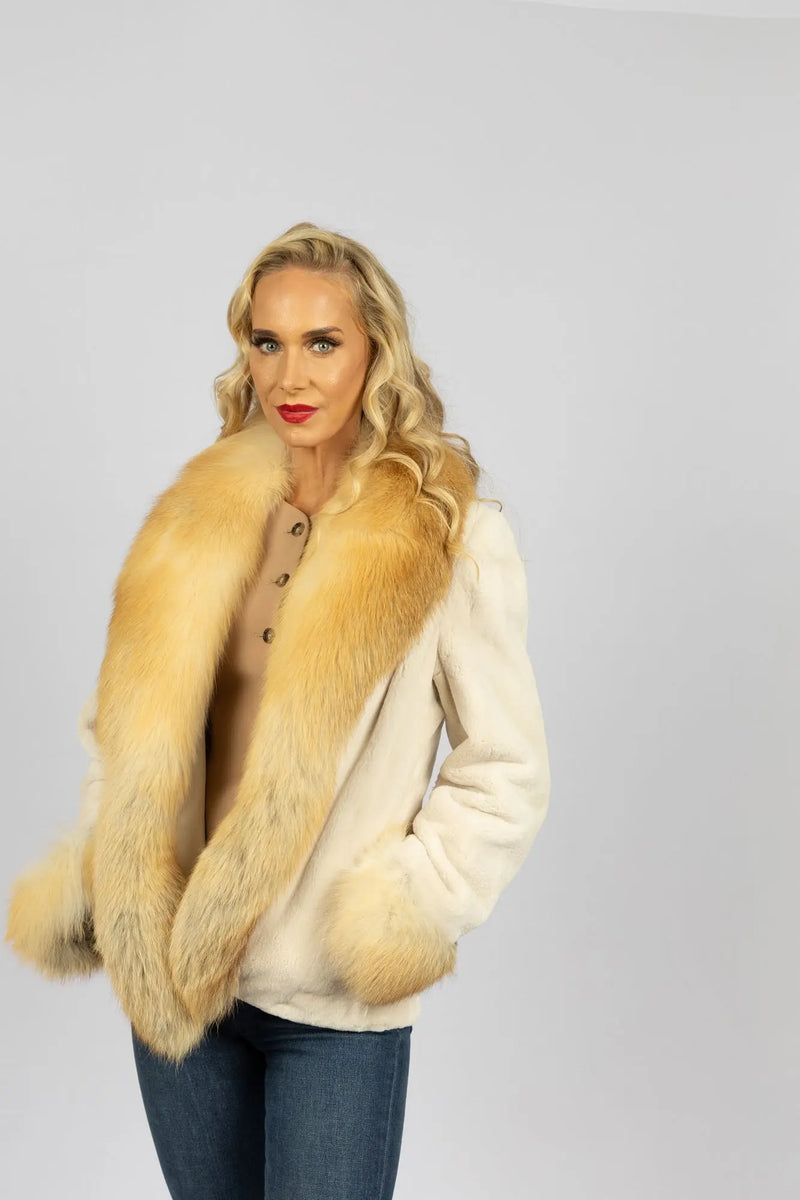 Ivory White Mink Jacket W/Golden Island Fox Trim