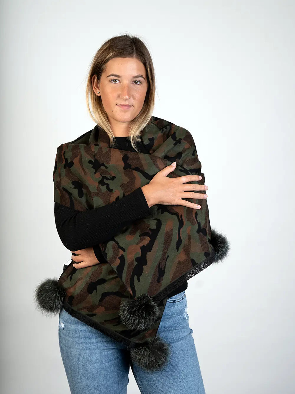 LaBelle Since 1919 Camouflage Scarf W/Green Fox Poms