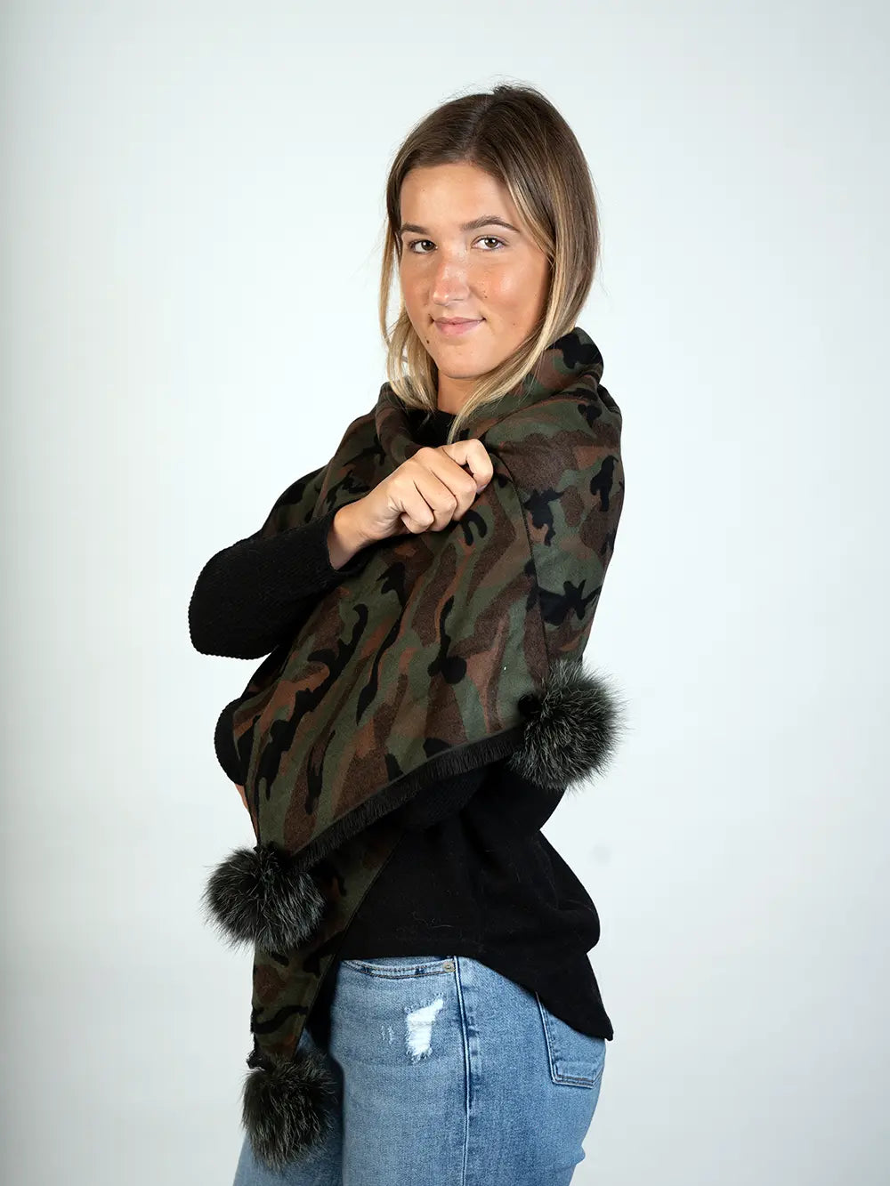 LaBelle Since 1919 Camouflage Scarf W/Green Fox Poms