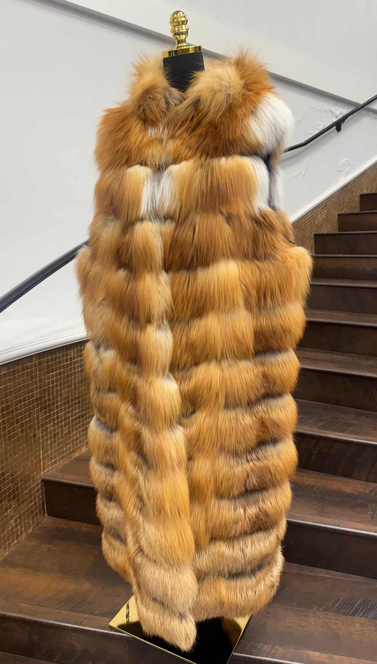 Vintage Horizontal Red Fox Long Vest with Hood