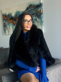 Black Knitted Mink Cape with Black Fox Trim