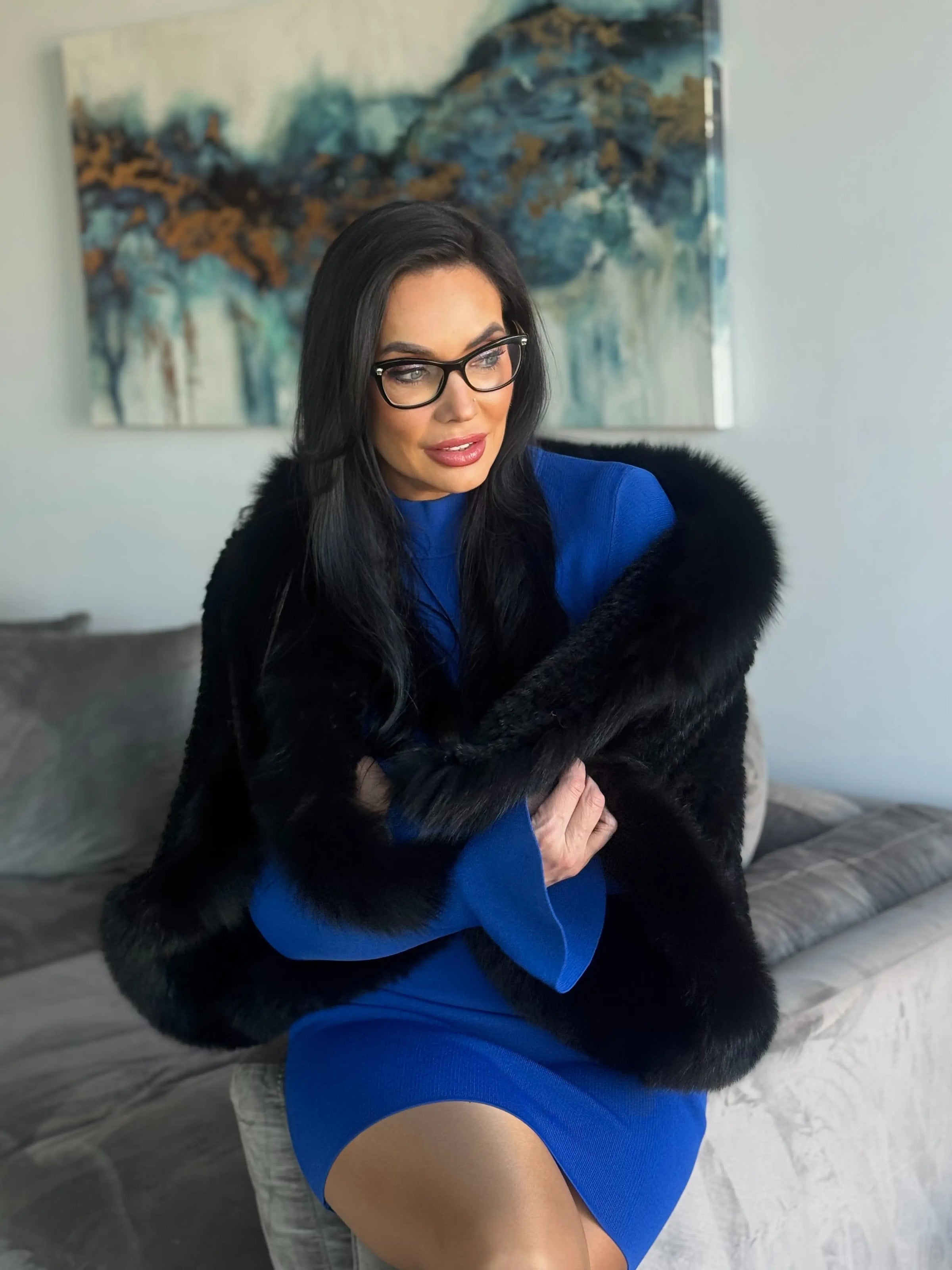 Black Knitted Mink Cape with Black Fox Trim