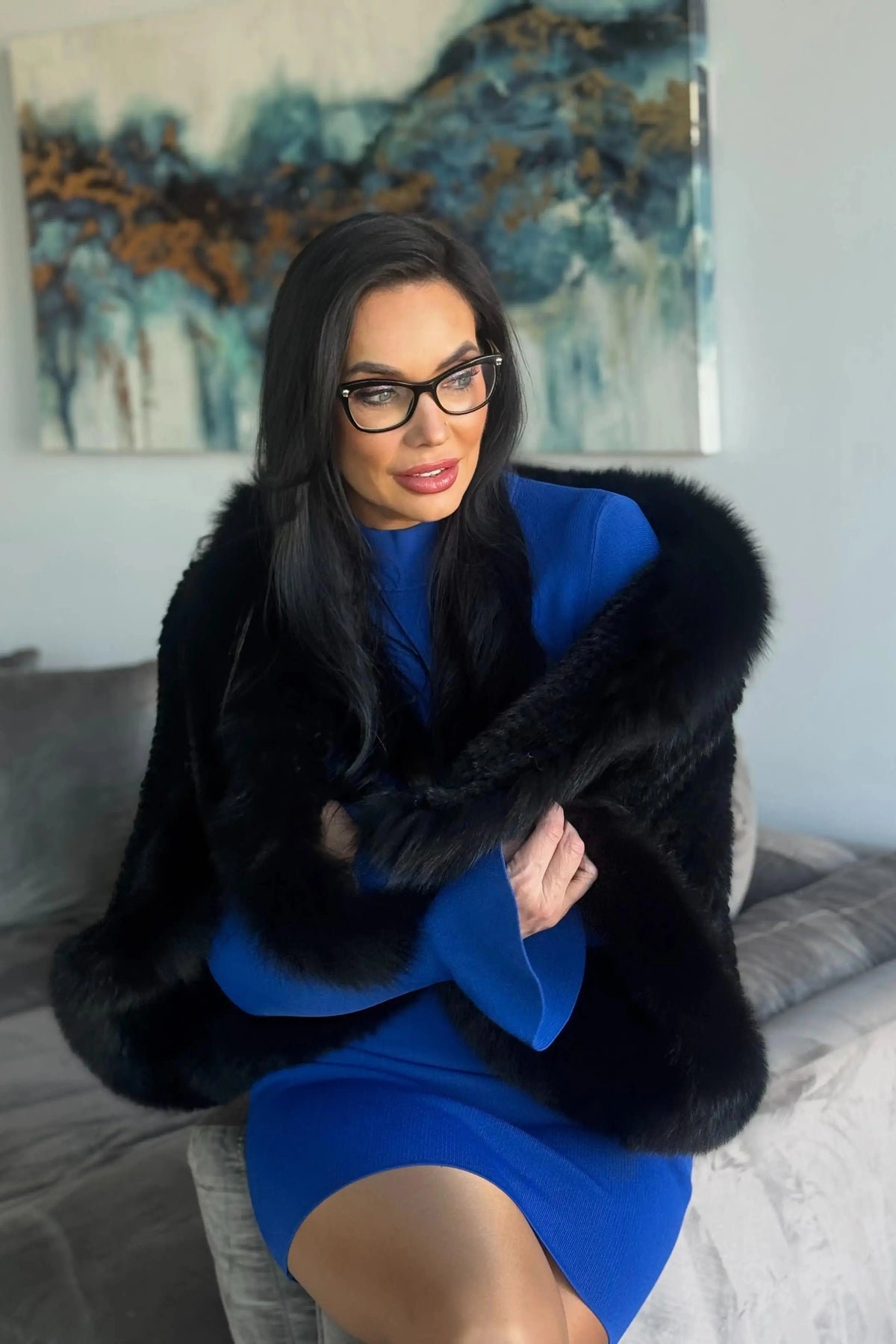 Black Knitted Mink Cape with Black Fox Trim