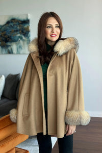 Camel Wool Cape w/ Fox Hood