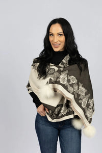 Ivory and Black Wide Woven Scarf with Fancy Floral Design