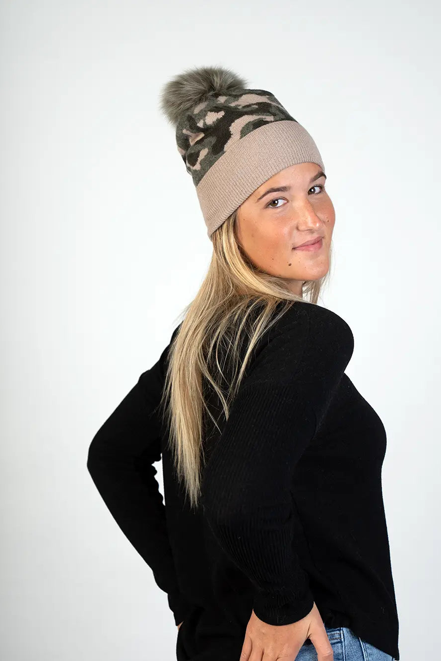 Knitted Camouflage Hat With Fox Pom