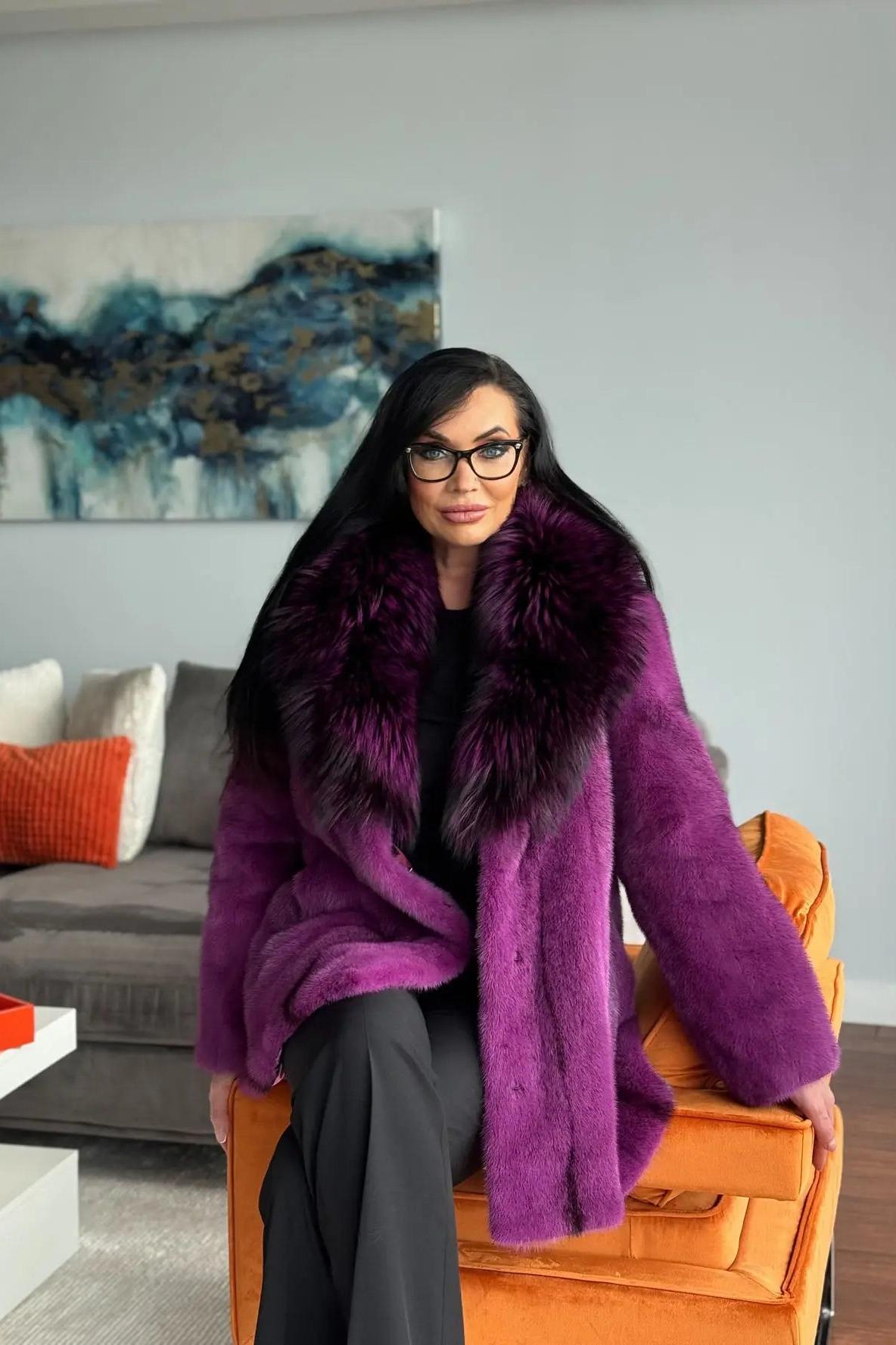 Magenta Black Cross Mink Jacket with Fox Collar