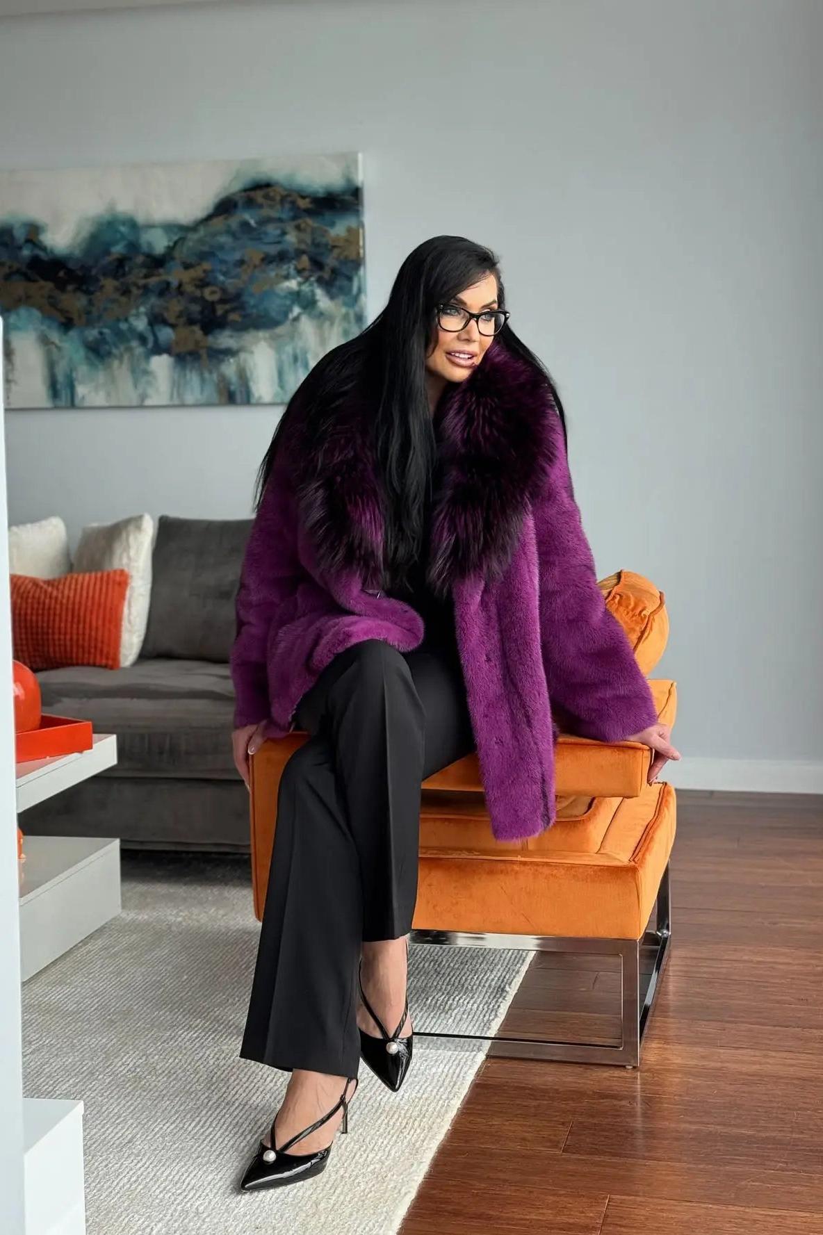Magenta Black Cross Mink Jacket with Fox Collar