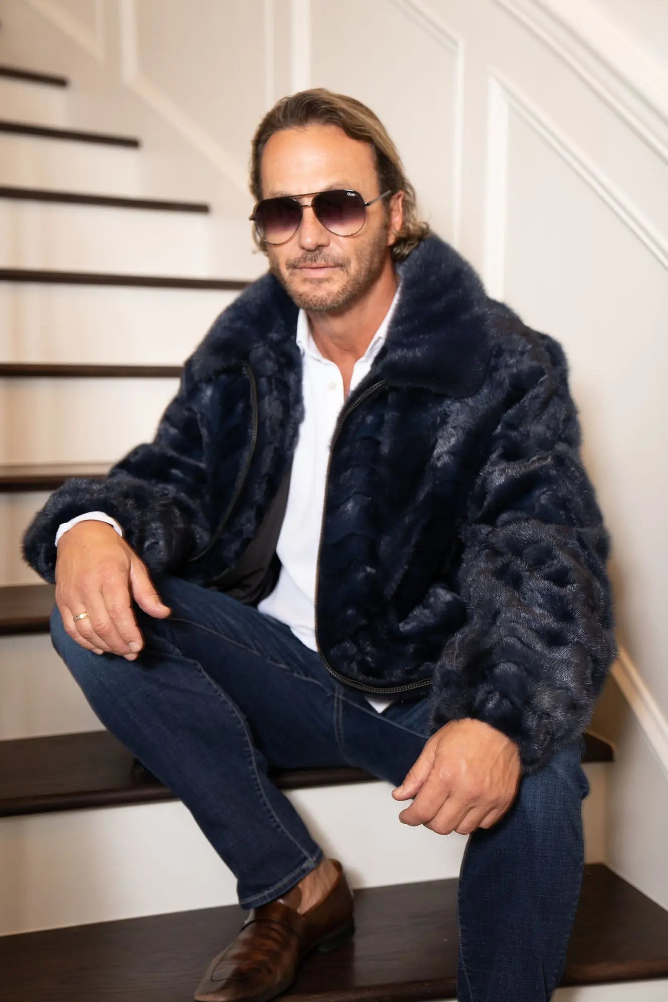 Men's Dyed Blue Section Mink Bomber Jacket