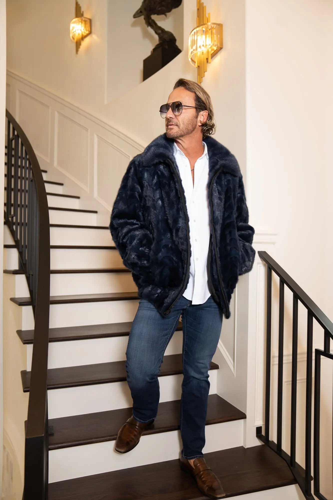 Men's Dyed Blue Section Mink Bomber Jacket