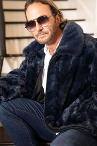 Men's Dyed Blue Section Mink Bomber Jacket