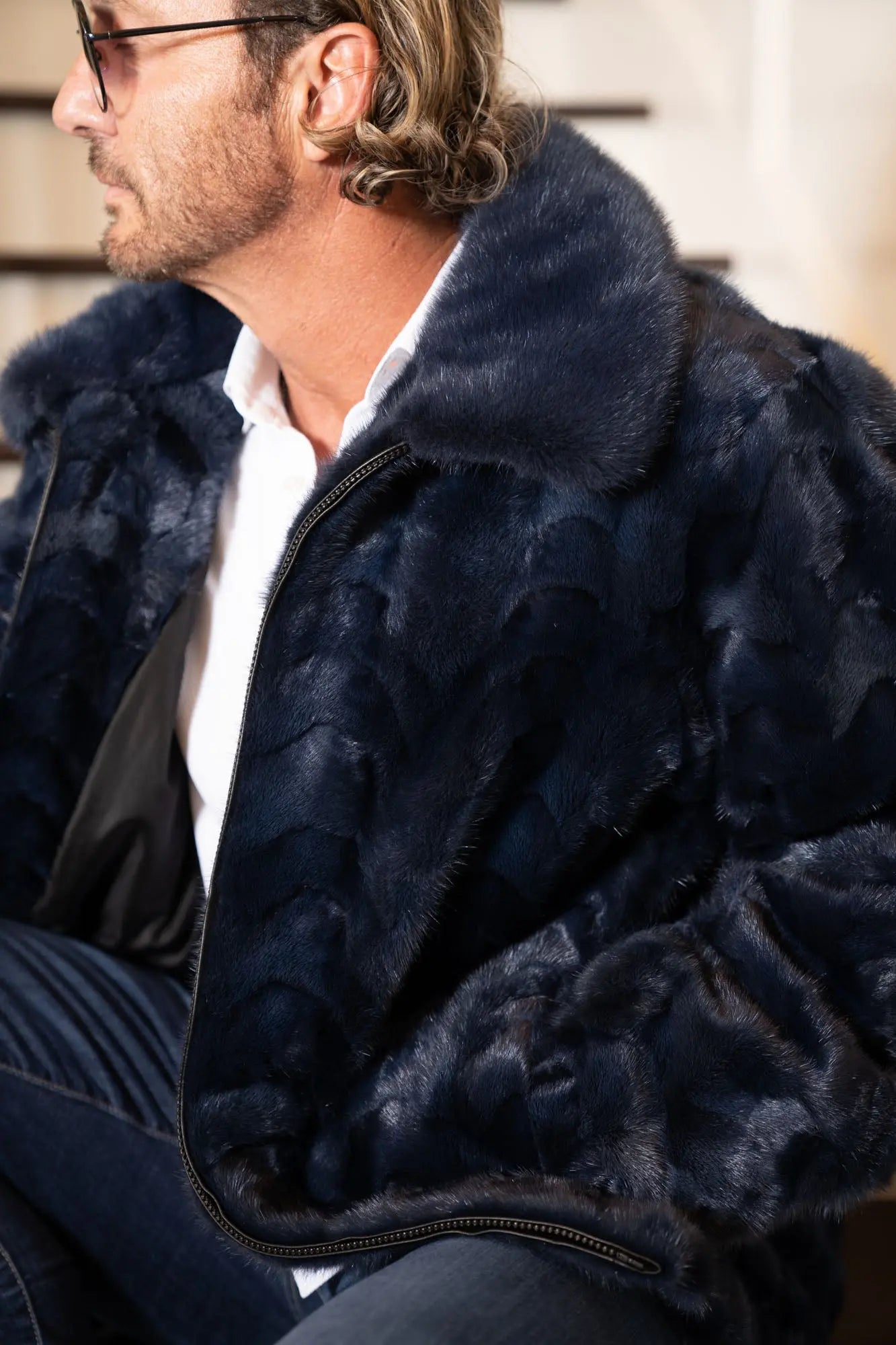 Men's Dyed Blue Section Mink Bomber Jacket