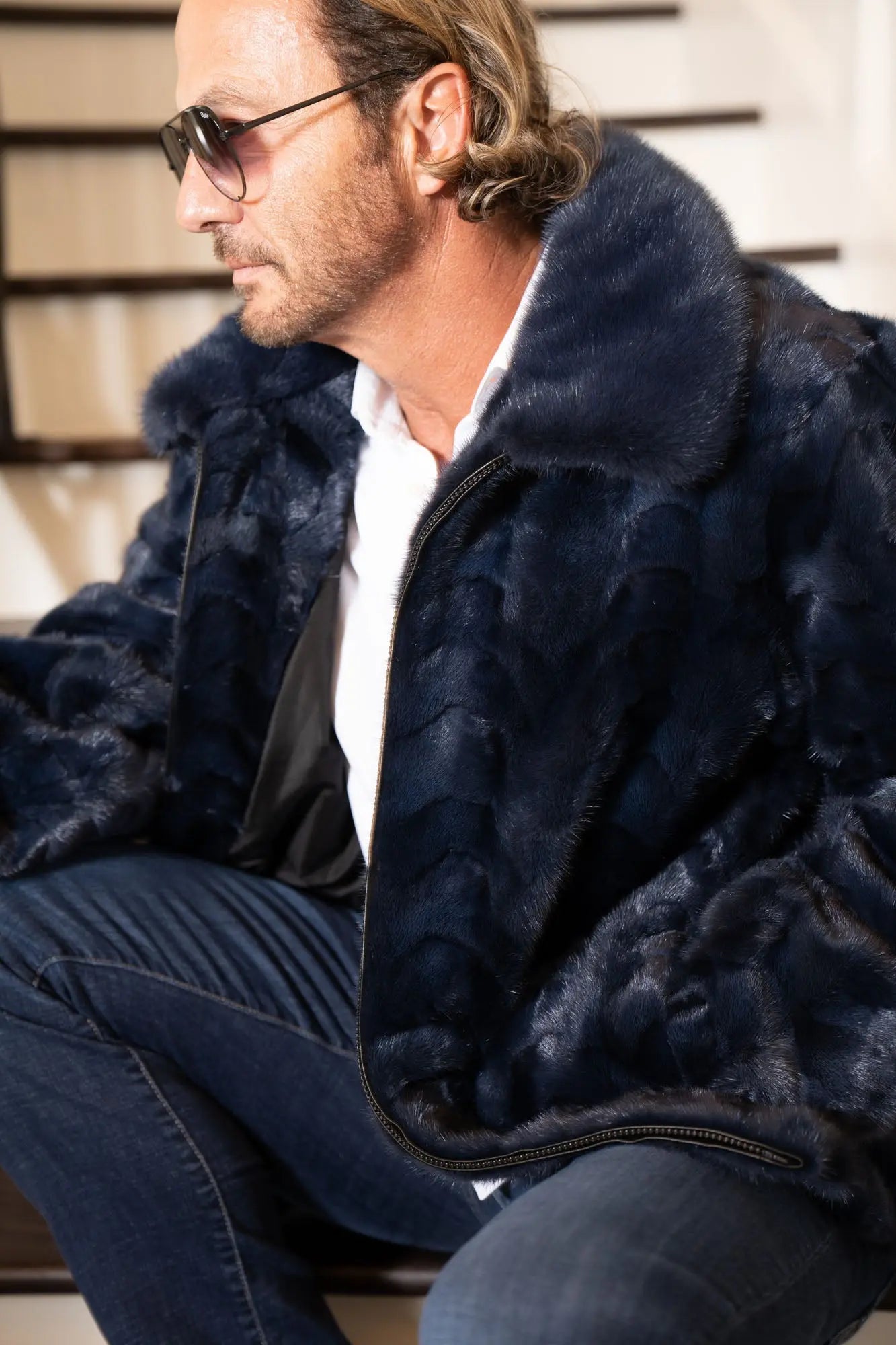 Men's Dyed Blue Section Mink Bomber Jacket