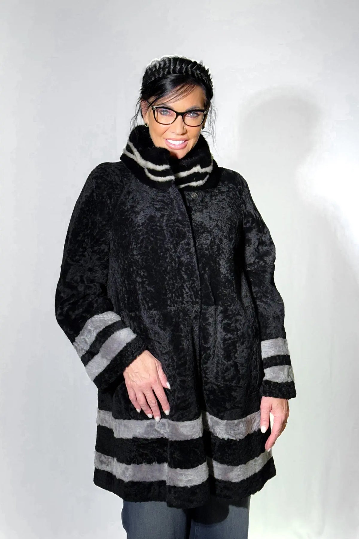 Black Astrakhan Shearling Reversible Jacket with Mink Trim