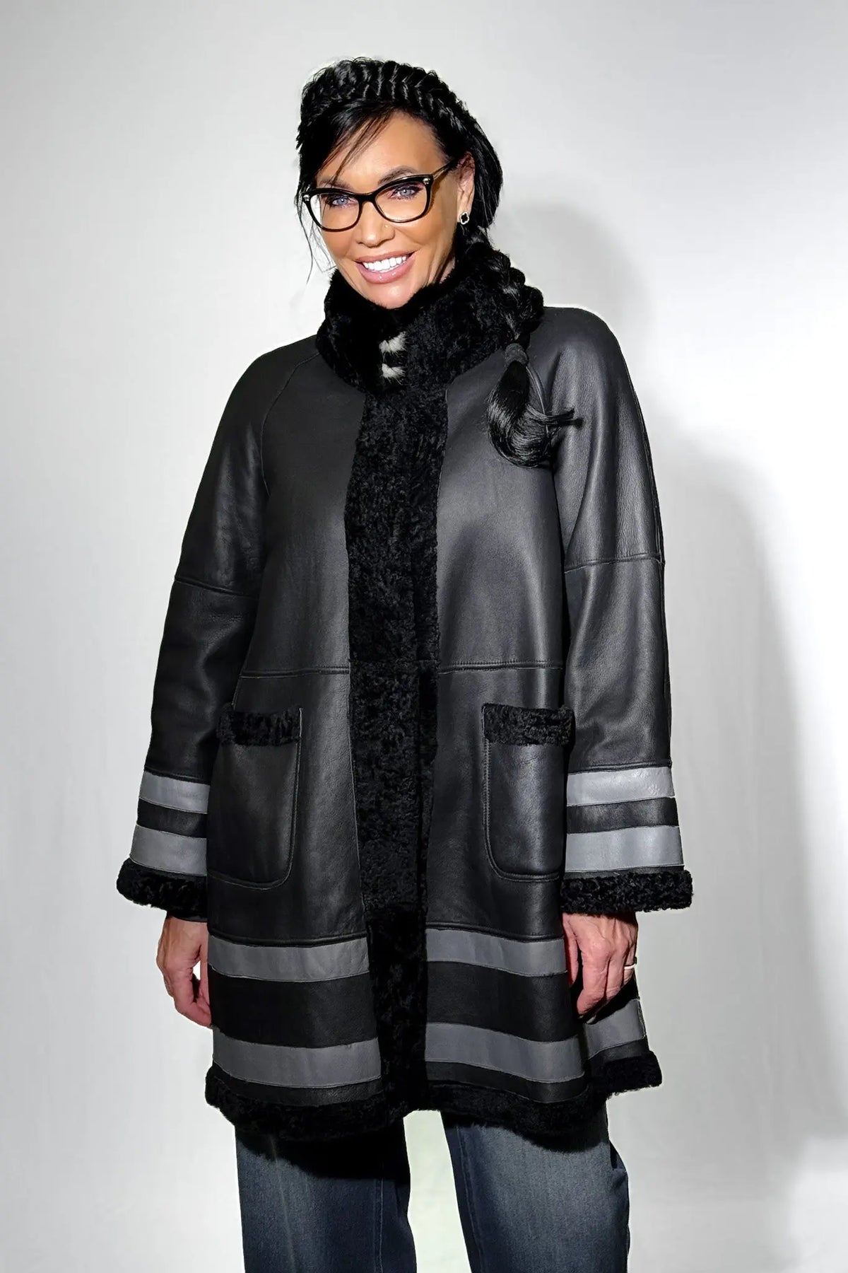 Black Astrakhan Shearling Reversible Jacket with Mink Trim