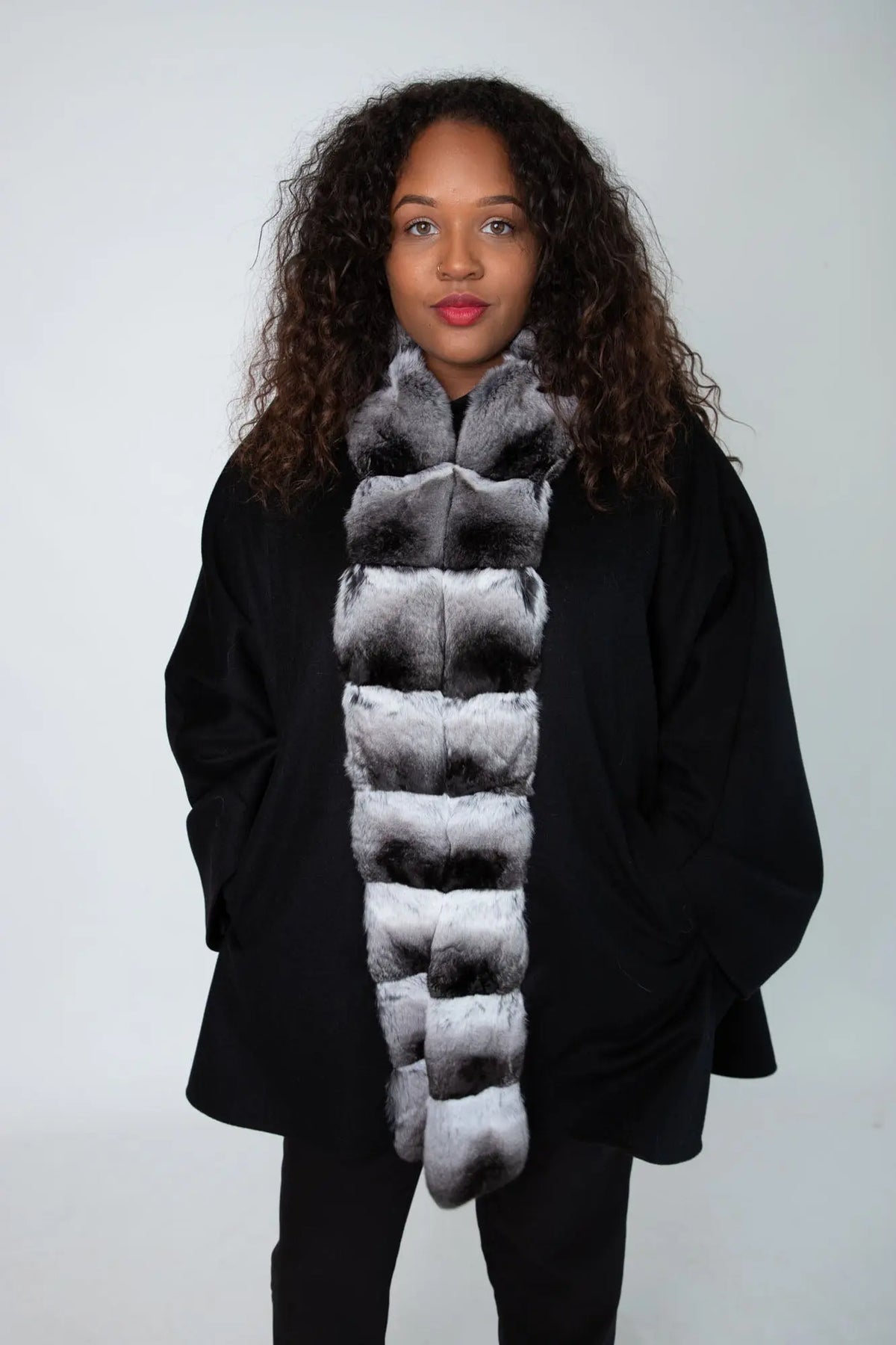 LaBelle Since 1919 Black Cashmere Cape with Chinchilla Trim