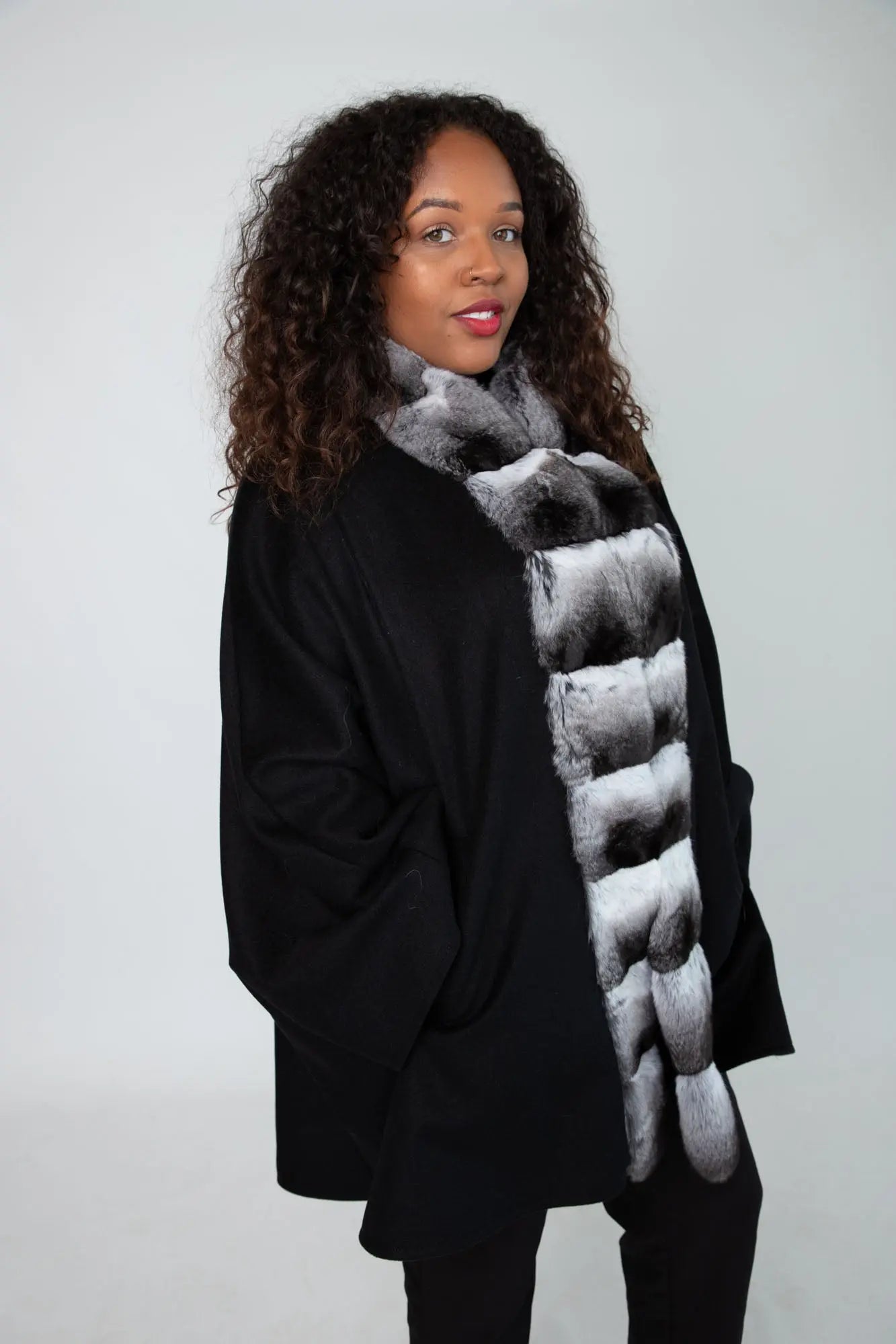 Black Cashmere Cape with Chinchilla Trim