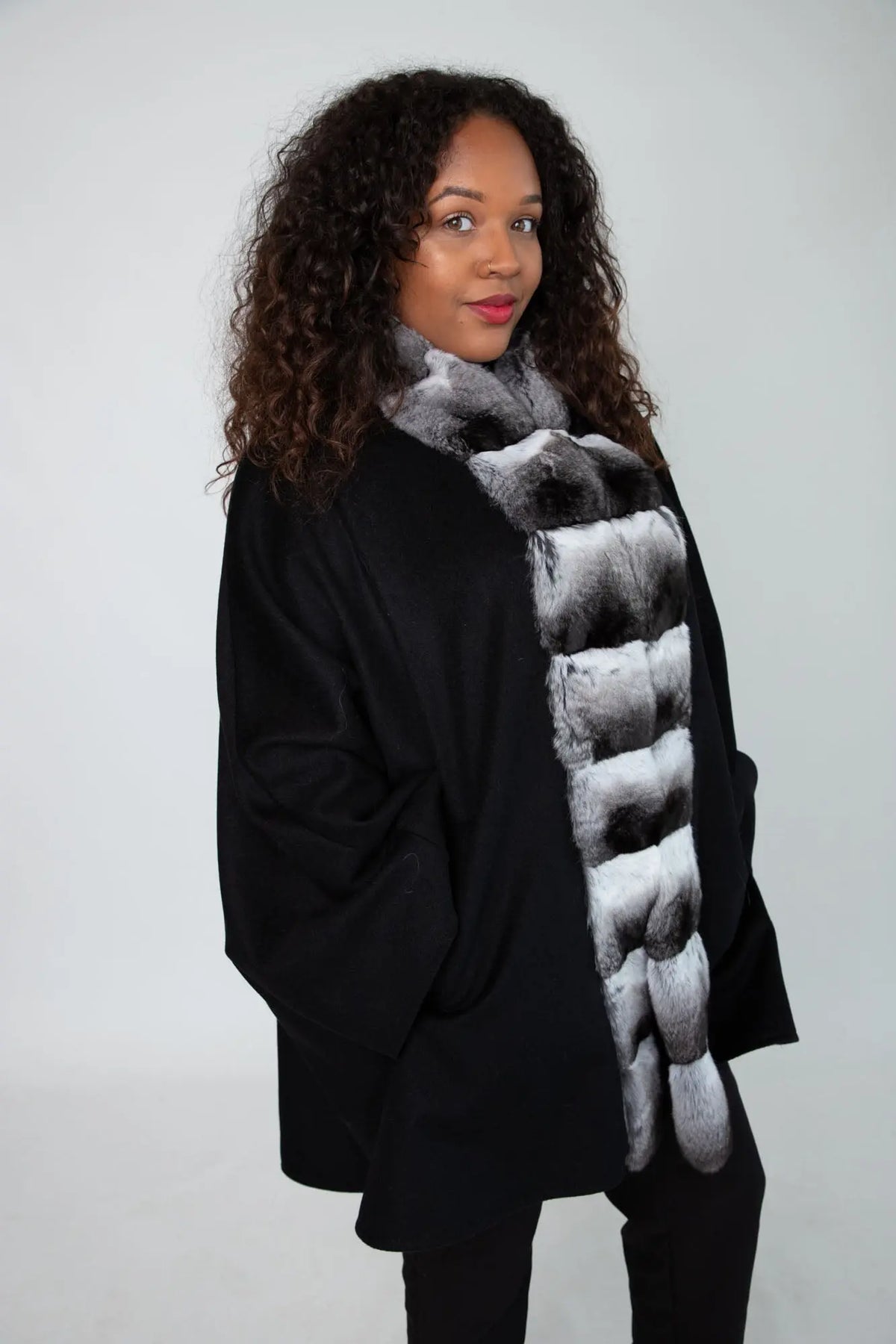 Black Cashmere Cape with Chinchilla Trim