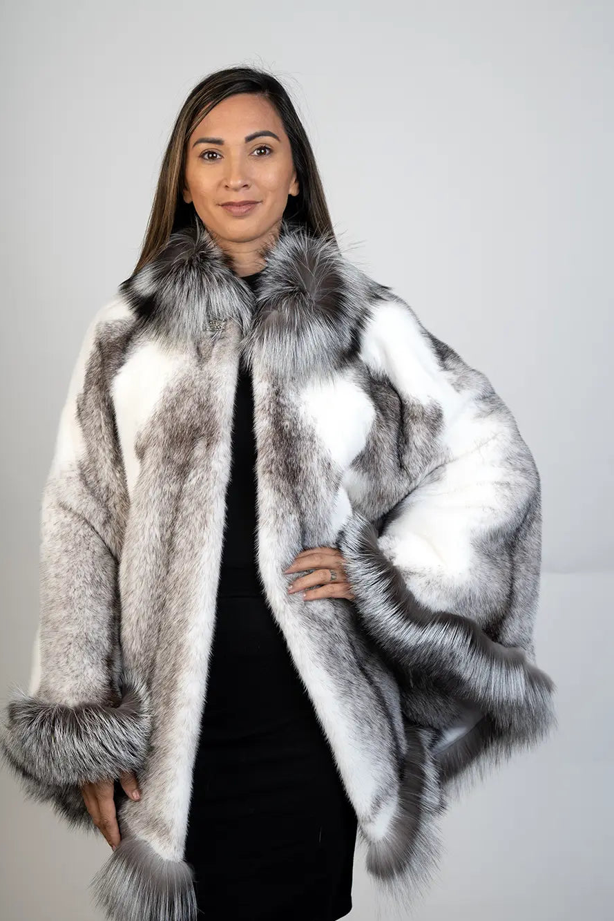 Black Cross Mink Cape with Silver Fox Trim